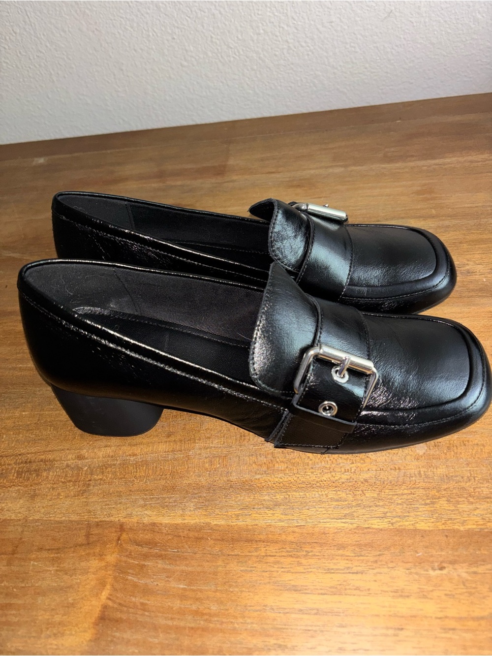 Vagabond Black Leather Block Heel Loafer with Silver Buckle Accent - Picture 4 of 6